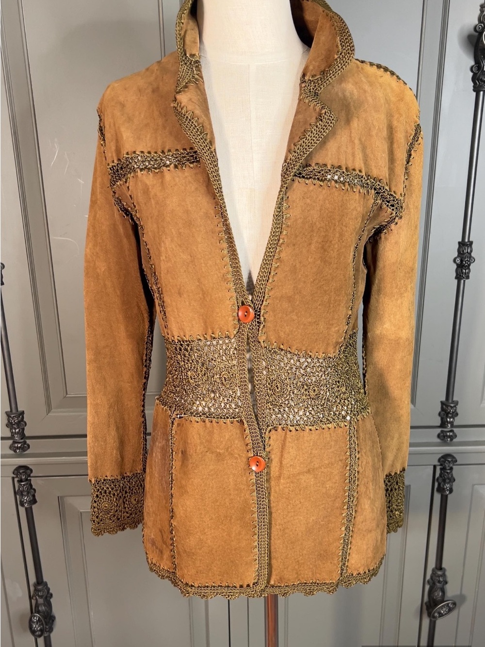 Womens Tan Suede Crochet-Trim Leather Jacket